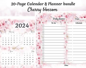 Cherry blossom, Daily Monthly Yearly Planner and Calendar Bundle, Printable & Fillable, Artistic Design, Organizer, Gift for Anime Lovers