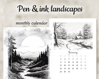 Printable calendar 2024, Pen-and-ink landscapes Artistic Monthly Calendar Printable, Digital Planner, Wall Calendar, Colorful Calendar