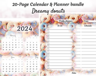 Dreamy donuts, Daily Monthly Yearly Planner and Calendar Bundle, Printable & Fillable, Artistic Design, Organizer, Gift for Candy Lovers