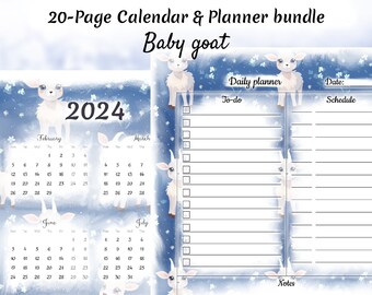 Baby goat, Daily Monthly Yearly Planner and Calendar Bundle, Printable & Fillable, Artistic Design, Organizer, Gift for Her, Cute Animal