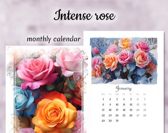 Printable calendar 2024, Intense rose, Artistic Monthly Calendar Printable, Digital Planner, Wall Calendar, Colorful Calendar