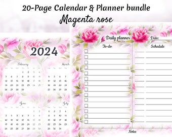 Magenta rose, Daily Monthly Yearly Planner and Calendar Bundle, Printable & Fillable, Artistic Design, Organizer, Gift for Planner Lovers