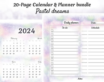 Pastel dreams, Daily Monthly Yearly Planner and Calendar Bundle, Printable & Fillable, Artistic Design, Organizer, Gift for Planner Lovers