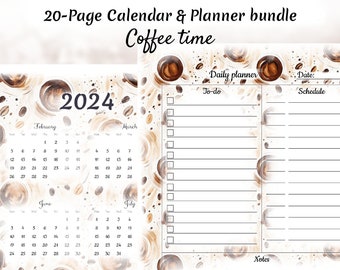 Coffee time, Daily Monthly Yearly Planner and Calendar Bundle, Printable & Fillable, Artistic Design, Organizer, Gift for Coffee Lovers