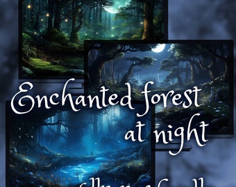 May include: A digital wallpaper bundle featuring three images of an enchanted forest at night. The images depict a dark forest with glowing lights, a moon, and a river.