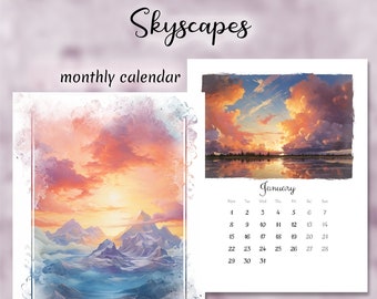 Printable calendar 2024, Skyscapes, Artistic Monthly Calendar Printable, Digital Planner, Wall Calendar, Colorful Calendar