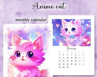Printable calendar 2024, Anime cat, Artistic Monthly Calendar Printable, Digital Planner, Wall Calendar, Colorful Calendar