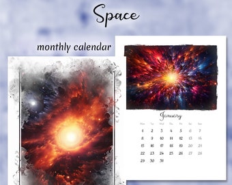 Printable calendar 2024, Space, Artistic Monthly Calendar Printable, Digital Planner, Wall Calendar, Colorful Calendar, Printable Calendar
