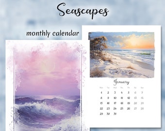 Printable calendar 2024, Seascapes, Artistic Monthly Calendar Printable, Digital Planner, Wall Calendar, Colorful Calendar