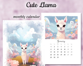 Printable calendar 2024, Cute llama, Artistic Monthly Calendar Printable, Digital Planner, Wall Calendar, Colorful Calendar