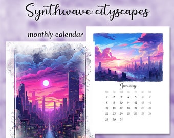 Printable calendar 2024, Synthwave cityscapes, Artistic Monthly Calendar Printable, Digital Planner, Wall Calendar, Colorful Calendar