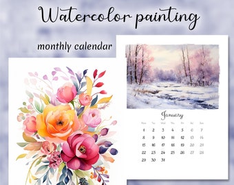 Printable calendar 2024, Watercolor nature, Artistic Monthly Calendar Printable, Digital Planner, Wall Calendar, Colorful Calendar