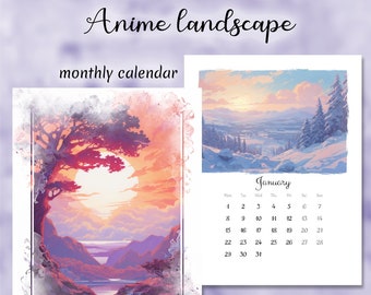 Printable calendar 2024, Anime landscape, Artistic Monthly Calendar Printable, Digital Planner, Wall Calendar, Colorful Calendar