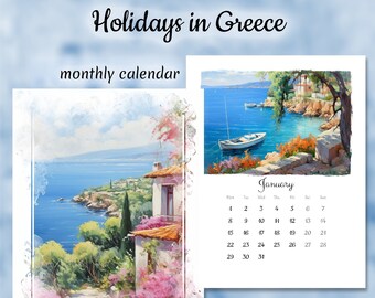 Printable calendar 2024, Holidays in Greece, Artistic Monthly Calendar Printable, Digital Planner, Wall Calendar, Colorful Calendar