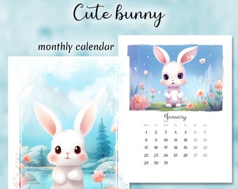 Printable calendar 2024, Cute bunny, Artistic Monthly Calendar Printable, Digital Planner, Wall Calendar, Colorful Calendar