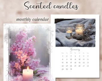 Printable calendar 2024, Scented candles, Artistic Monthly Calendar Printable, Digital Planner, Wall Calendar, Colorful Calendar