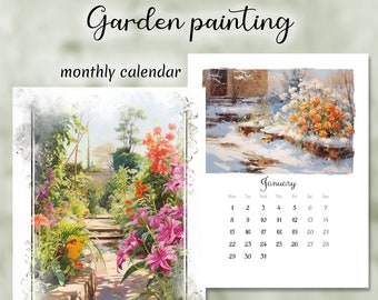 Printable calendar 2024, Garden painting, Artistic Monthly Calendar Printable, Digital Planner, Wall Calendar, Colorful Calendar