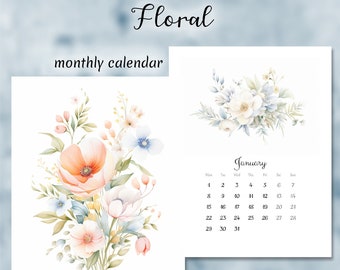 Printable calendar 2024, Floral, Watercolor flowers, Artistic Monthly Calendar Printable, Digital Planner, Wall Calendar, Colorful Calendar