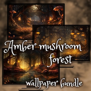 May include: A digital wallpaper bundle featuring three images of a magical forest with glowing amber mushrooms. The images depict a path leading into the forest, a stream flowing through the forest, and a view of the forest canopy.