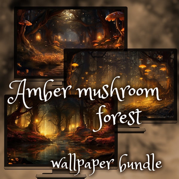 Amber mushroom forest desktop wallpapers, Bundle of 7 cozy autumn enchanted forest computer backgrounds, in 4K 3840x2160 UHD resolution