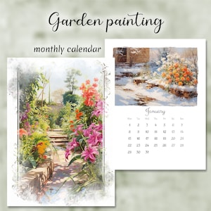 Calendrier 2025 imprimable, peinture de jardin, calendrier mensuel artistique imprimable, agenda numérique, calendrier mural, calendrier coloré