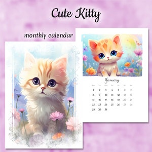 Printable calendar 2025, Cute kitty, Artistic Monthly Calendar Printable, Digital Planner, Wall Calendar, Colorful Calendar