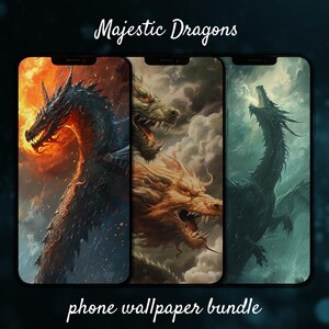 Könnte beinhalten: Ein Telefon-Hintergrundbild-Paket mit drei verschiedenen Bildern von Drachen. Das erste Bild zeigt einen schwarzen Drachen mit Feuer und Regen im Hintergrund. Das zweite Bild zeigt einen weißen Drachen mit einem goldenen Drachen im Hintergrund. Das dritte Bild zeigt einen grünen Drachen mit einem stürmischen Himmel im Hintergrund. Der Text "Majestic Dragons" befindet sich oben auf dem Bild und der Text "phone wallpaper bundle" befindet sich unten auf dem Bild.