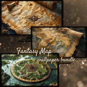 Gamekaartachtergrond, middeleeuwse fantasie bureaubladachtergrond, fantasiebehang voor desktop, esthetische bureaubladachtergronden, oude kaart-RPG-games