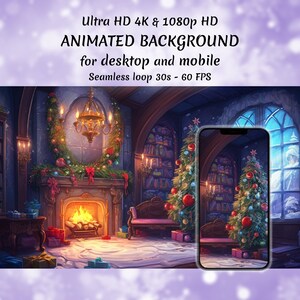 4K geanimeerde achtergrond voor streamers, Twitch-overlay, Vtuber-achtergrond, geanimeerd behang, stream-overlay, kerstboom gezellige open haard