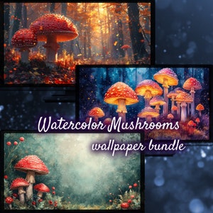 Sfondo foresta di funghi acquerello, sfondi desktop naturali, sfondi foresta per desktop, regalo per gli amanti della natura, funghi magici
