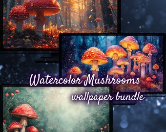 May include: A digital art bundle of three watercolor mushroom illustrations. The first image features red mushrooms in a forest setting with falling leaves. The second image features a cluster of red and yellow mushrooms in a dark forest setting. The third image features a single red mushroom in a forest setting with a blurred background.