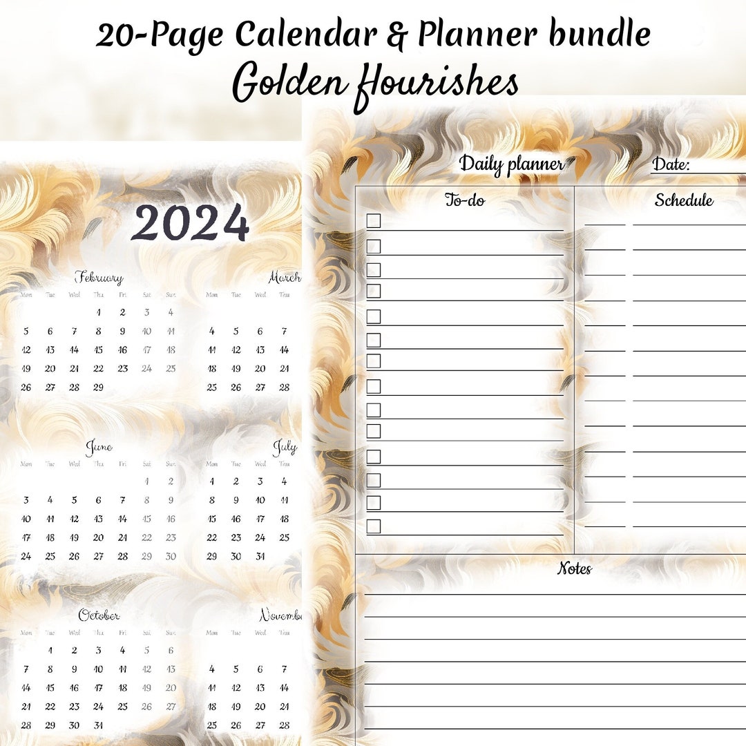Golden Flourishes, Daily Monthly Yearly Planner and Calendar Bundle
