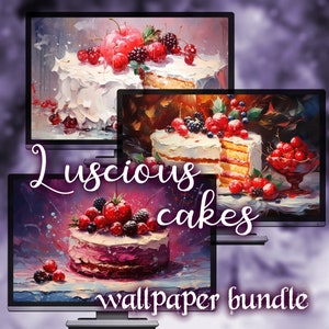 May include: Three digital images of cakes decorated with berries and a white frosting. The cakes are displayed on computer monitors with the text "Luscious cakes wallpaper bundle".