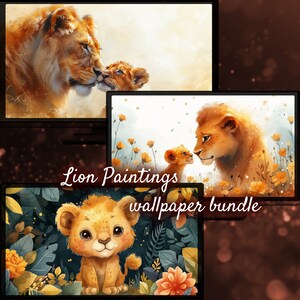 Cute Lions Animal Desktop Wallpaper, Lion Wallpaper, Valentines Day Gift, Animal Portrait, Lion Painting Animal Cute Desktop Background
