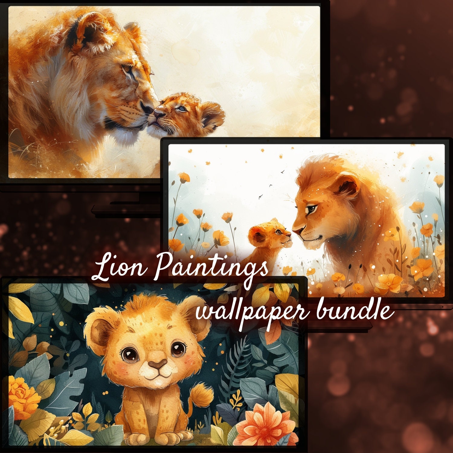 Cute Lions Animal Desktop Wallpaper, Lion Wallpaper, Valentines Day Gift, Animal Portrait, Lion Painting Animal Cute Desktop Background