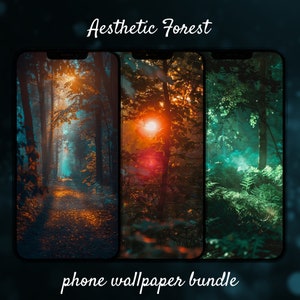 May include: A phone wallpaper bundle featuring three different images of a forest. The first image shows a path through a misty forest with warm, orange light. The second image shows a sun shining through the trees with a red glow. The third image shows a dark green forest with a blue-green glow.