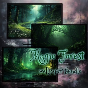 Sfondi desktop Magic Forest, pacchetto di 8 sfondi per computer foresta profonda incantata e lago con fiori, con risoluzione UHD 4K 3840x2160