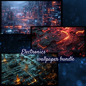 Könnte beinhalten: Ein digitales Kunstpaket mit drei Bildern, die abstrakte Leiterplatten-Designs mit leuchtenden orangefarbenen und roten Linien zeigen. Der Text "Electronics wallpaper bundle" ist über die Bilder gelegt.