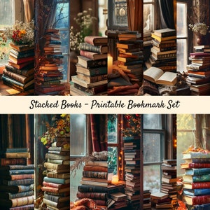 Printable Bookmark Set, Digital Bookmarks, Instant Download, Book Lover Gift, Reading Accessories, Stacked Books, Cozy Gift For Her Or Him