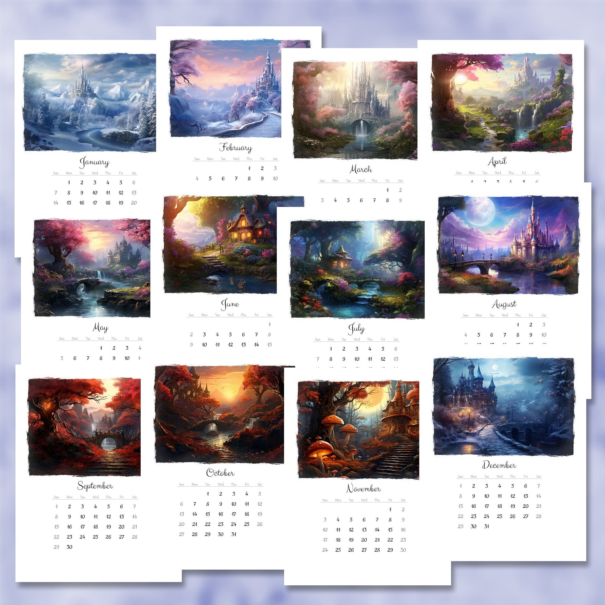 Printable Calendar 2024, Fairytale Castle, Artistic Monthly Calendar