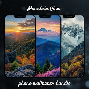 Puede incluir: Un paquete de fondos de pantalla para teléfono con tres vistas de montañas diferentes. La primera imagen muestra una puesta de sol sobre una cordillera con un brillo dorado. La segunda imagen muestra un pico de montaña con un cielo rosa y morado. La tercera imagen muestra un pico de montaña cubierto de nieve con un cielo nublado.