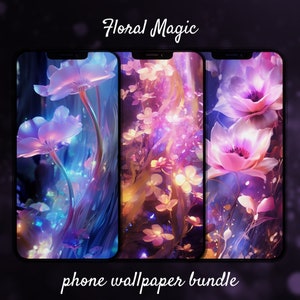 May include: Three phone wallpapers featuring glowing pink and purple flowers with a blurred background. The text "Floral Magic phone wallpaper bundle" is at the bottom of the image.