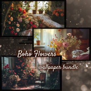 May include: A collage of three images featuring floral arrangements in various settings. The first image shows a bouquet of pink and red roses in a windowsill setting. The second image shows a bouquet of wildflowers in a vase on a table. The third image shows a room filled with pink roses. The text "boho flowers wallpaper bundle" is displayed on the collage.