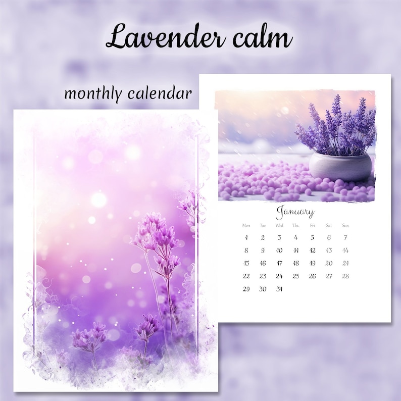 Printable Calendar 2024 Lavender Calm Relaxing Purple Floral Etsy