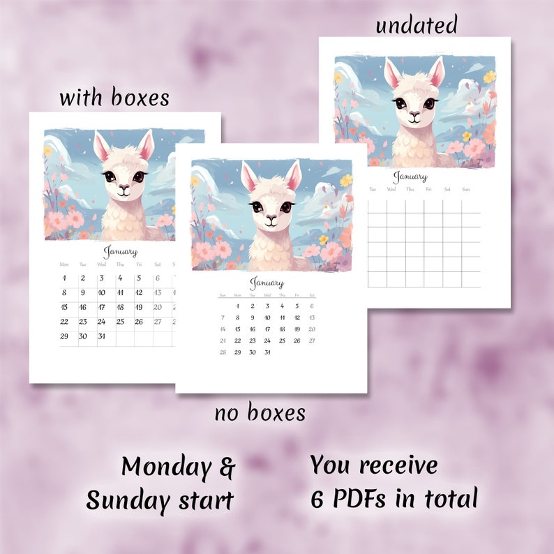 Printable Calendar 2025, Cute Llama, Artistic Monthly Calendar