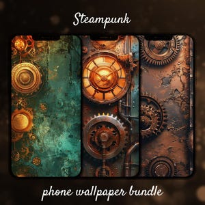 Puede incluir: Tres fondos de pantalla para teléfono con una estética steampunk con engranajes intrincados, mecanismos de relojería y texturas metálicas en tonos marrones, dorados y verde azulado.