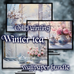 May include: A set of three oil paintings depicting winter scenes with teapots and flowers. The paintings are titled "Oil Painting Winter tea wallpaper bundle".