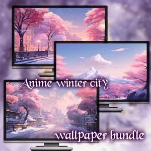 May include: A digital wallpaper bundle featuring three different anime-style winter city scenes. The scenes depict a snowy city with cherry blossom trees, a mountain range, and a cityscape.