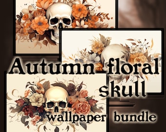 May include: A digital wallpaper bundle featuring three screens with floral skull designs. The artwork showcases a skull surrounded by autumn-colored flowers in shades of orange, brown, and cream. The text "Autumn floral skull wallpaper bundle" is displayed.