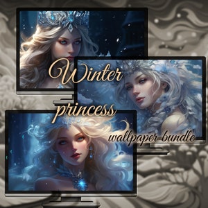 May include: A digital wallpaper bundle featuring three images of winter princesses with long flowing blonde hair and intricate ice-themed crowns. The text "Winter princess wallpaper bundle" is displayed on the screen.